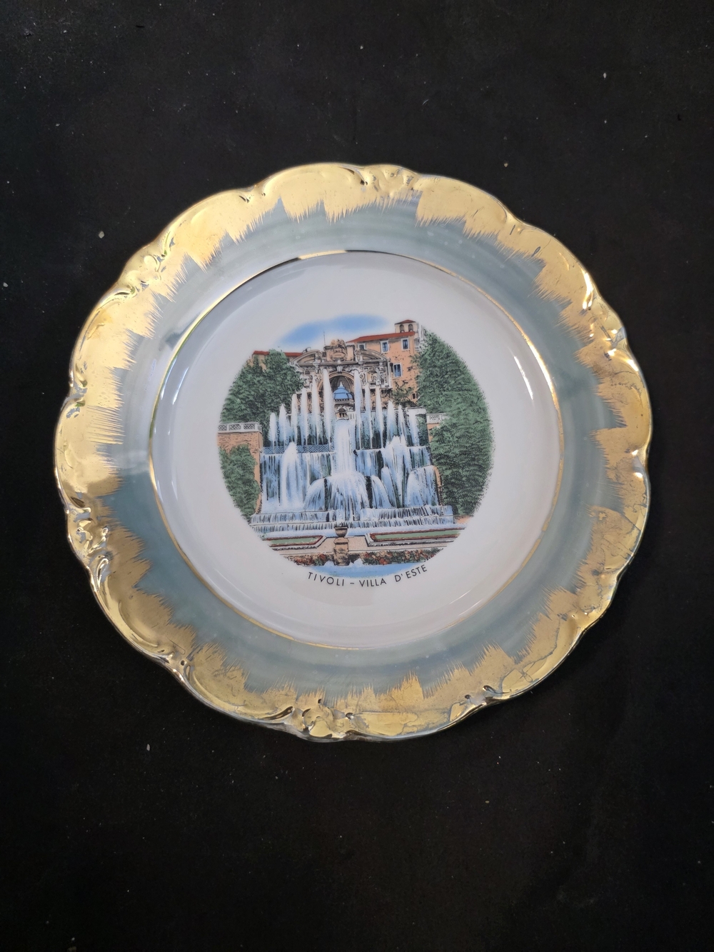 Decorative Villa d'Este Fountain Porcelain Plate - Gold & Pale Blue